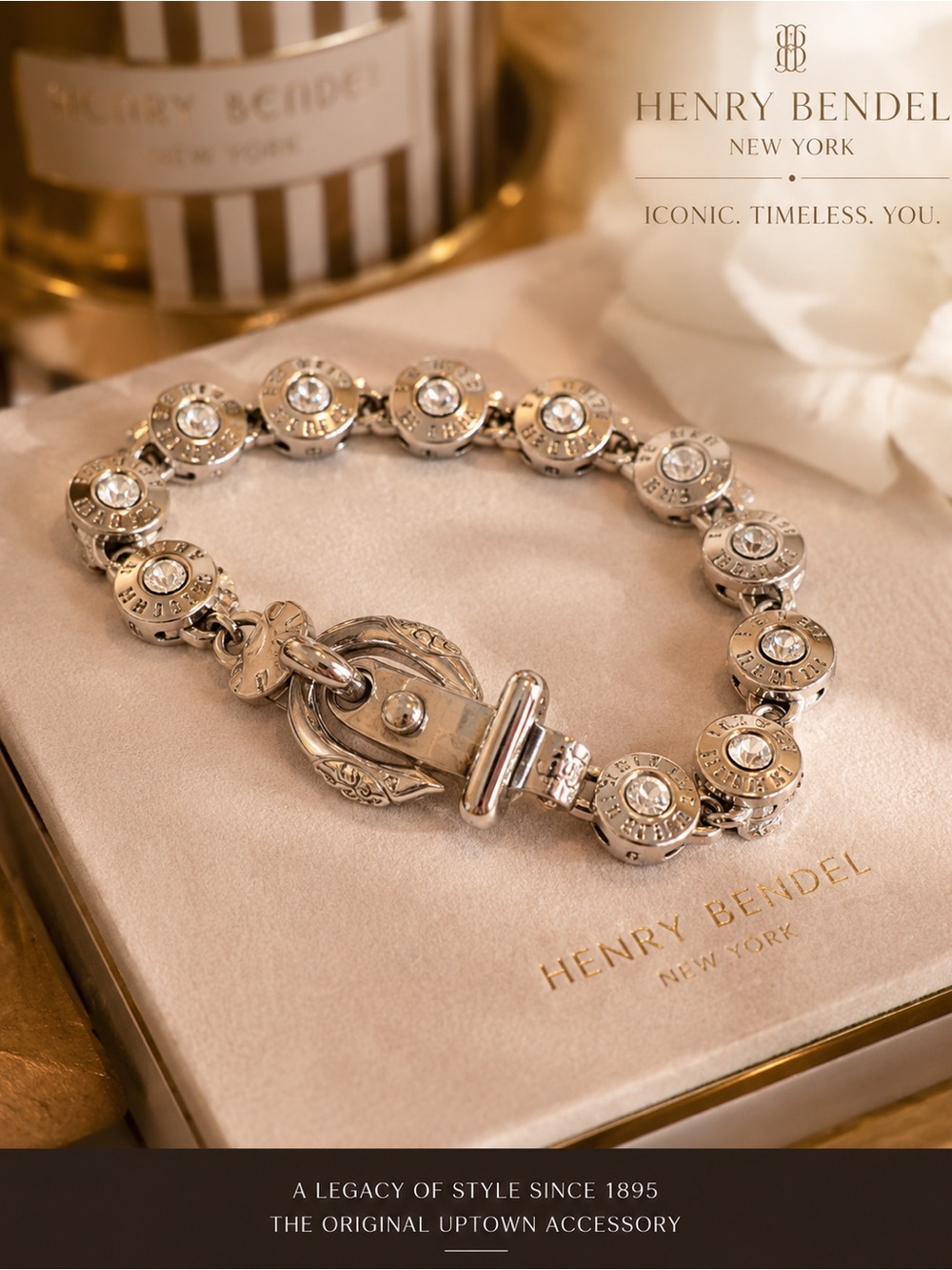 Henry Bendel Silver Crystal Logo Link Bracelet | Rhinestone Statement Bracelet